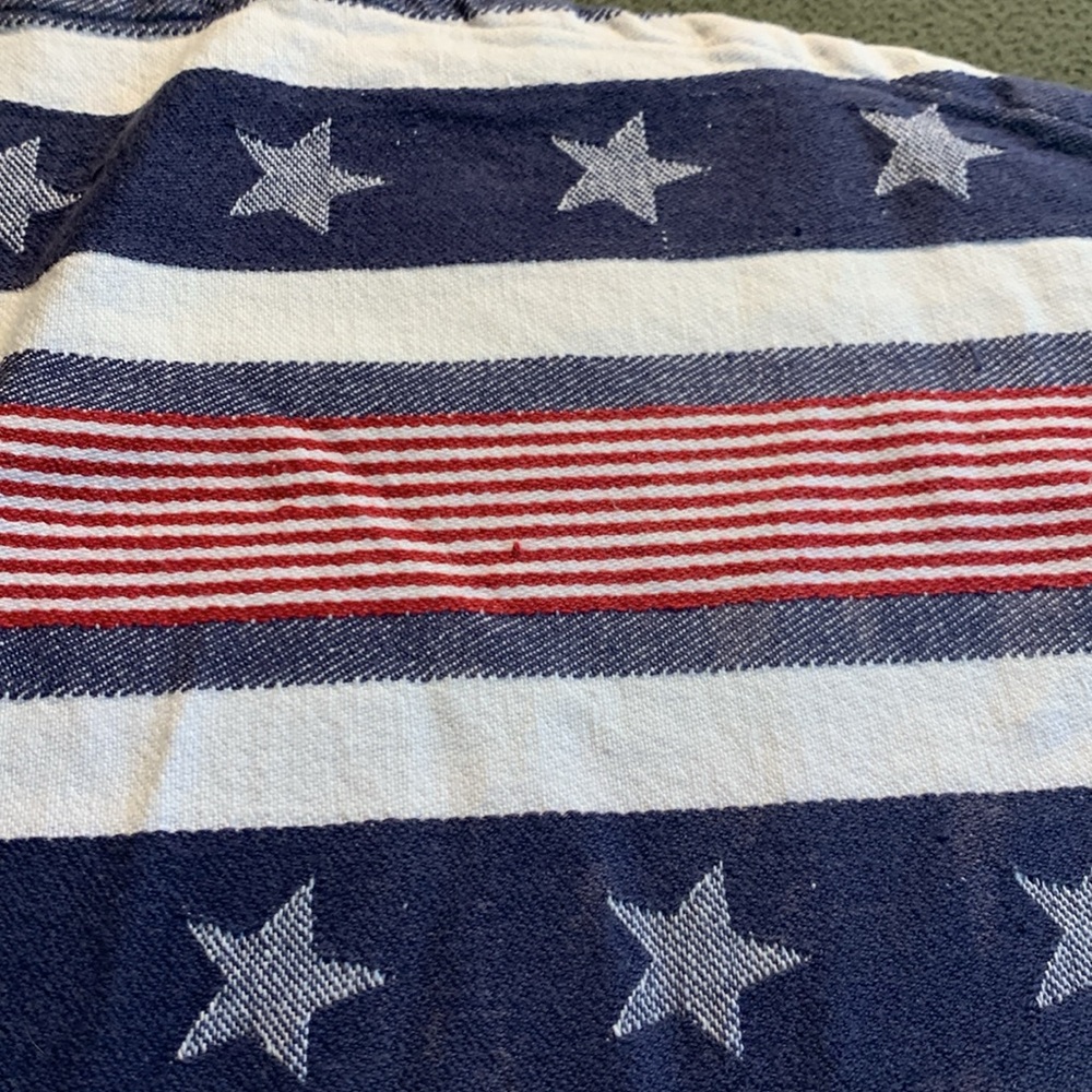Round patriotic cotton tablecloth.  Red, white and blue with stars. Approx 64” - Picture 7 of 7